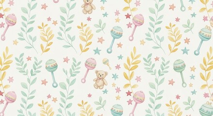 Illustration of seamless pattern with teddy bear, rattle and leaves isolated on white background