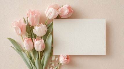 Fototapeta premium A beautiful bouquet of pink tulips with an elegant blank card against a delicate backdrop