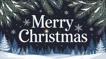 Merry christmas greeting with snowy pine branches and winter forest