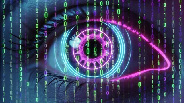 Neon glowing robotic eye scanning digital codes