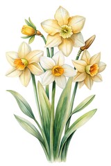 Fototapeta premium Watercolor Painting of a Bouquet of Daffodils with Green Leaves and Stems