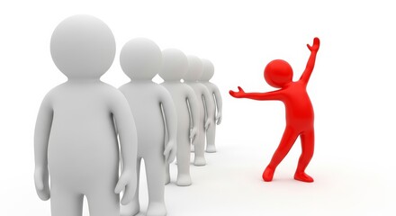 Illustration of red 3d stick figure standing out from the crowd on white background