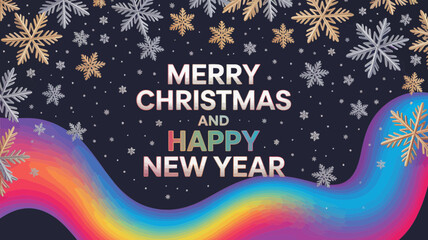 Merry christmas and happy new year with colorful rainbow wave and snowflakes