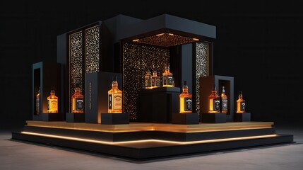 Luxurious display of alcoholic beverages, with illuminated bottles on a tiered structure, creating an elegant presentation. Featuring a dark, sophisticated backdrop that enhances the ambiance