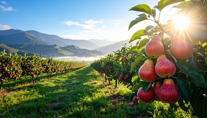 Pear orchard in the morning sun with mountains in the background.