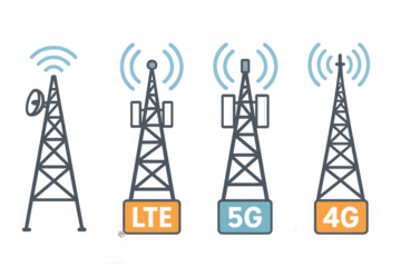 Telecommunication cell tower icons representing wireless technology and mobile network evolution including 4g, 5g, and lte signals