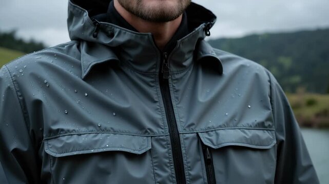 Man in waterproof jacket standing outdoors in rainy weather  