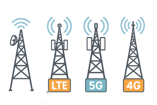 Telecommunication cell tower icons representing wireless technology and mobile network evolution including 4g, 5g, and lte signals - Powered by Adobe