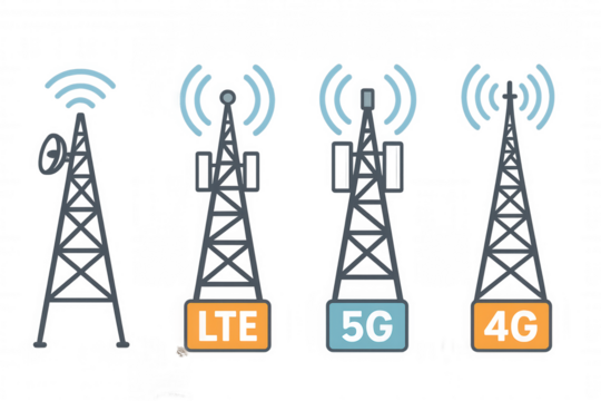 Telecommunication cell tower icons representing wireless technology and mobile network evolution including 4g, 5g, and lte signals
