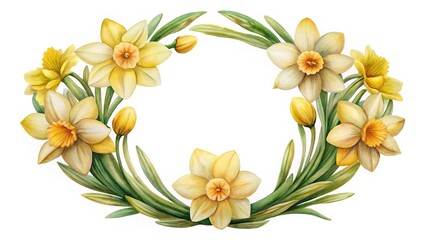 Obraz premium Elegant watercolor floral wreath featuring yellow daffodils and vibrant green leaves