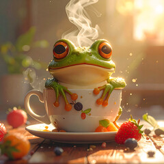 Frog and Coffee Cup: A charming illustration depicts a vibrant green frog nestled inside a cozy coffee cup, with steam rising gracefully. surrounded by various colorful fruits.