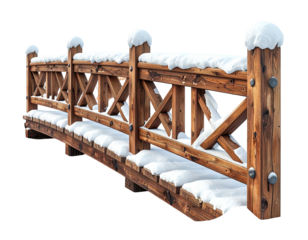 Rustic wooden pedestrian bridge covered with fresh white snow.