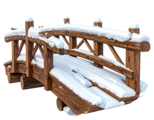 Rustic wooden log bridge covered in fresh winter snow isolated on white.