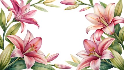 Fototapeta premium Elegant watercolor painting featuring pink lilies arranged to create a decorative frame