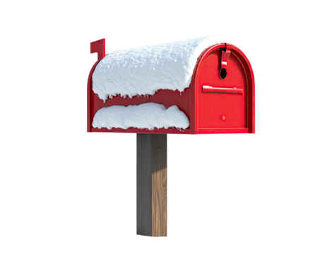 Classic red postal mailbox covered with a layer of fresh snow.
