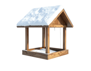 Simple wooden bird feeder with snow on the roof isolated on a white background.