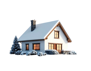 Charming winter cottage with a snow covered roof and chimney.