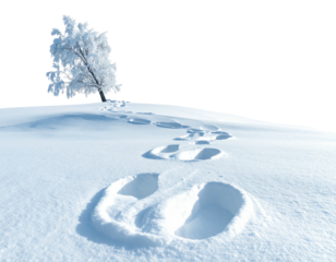 Human footprints creating a path through deep fresh snow.