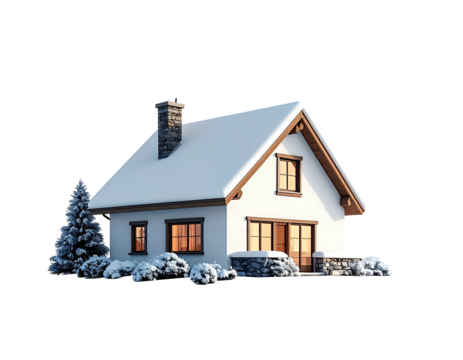 Charming winter cottage with a snow covered roof and chimney.