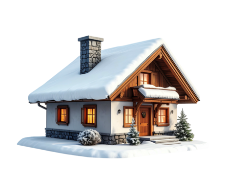 Cozy winter cottage with a snow covered roof isolated on a white background.
