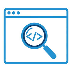 Magnifying glass over computer screen with code symbol for software development and debugging vector