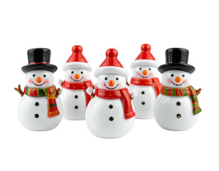 Group of five festive snowman figurines wearing hats and scarves.