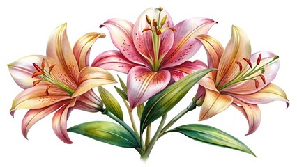 Beautiful watercolor illustration of lilies in peach, pink, and yellow colors
