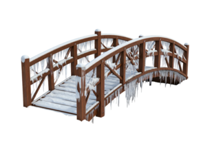 Wooden arched footbridge covered in snow and long icicles isolated on white.