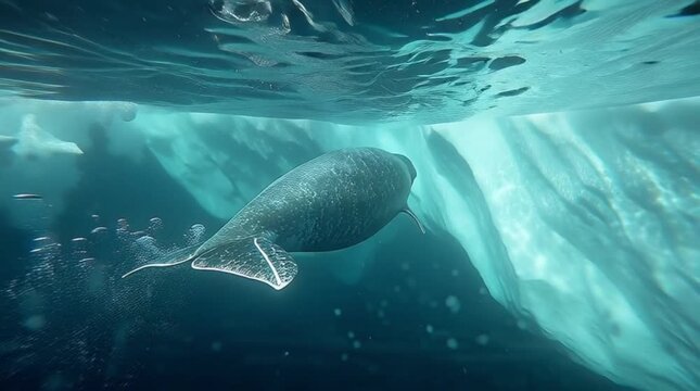 Serene underwater scene of a narwhal exploring the deep blue arctic sea under the ice cap, a depiction of wild marine life