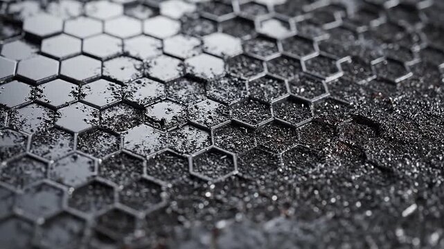 Corroding at the edges, the hexagonal pattern dissolves into noise.