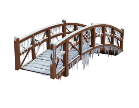 Wooden arched footbridge covered in snow and long icicles isolated on white. - Powered by Adobe