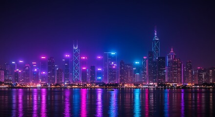 Fototapeta premium Vibrant neon lights illuminate a modern cityscape skyline at night, reflecting beautifully on the calm water below