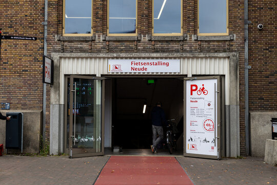 Utrecht, Netherlands - October 12, 2025: Entrance to Fietsenstalling Neude Bicycle Parking