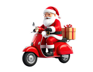Santa Claus delivering Christmas presents on a red scooter.