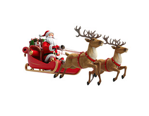 Santa Claus figurine riding in a red Christmas sleigh pulled by two reindeer.