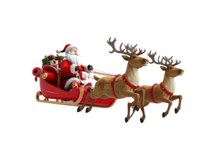 Santa Claus figurine riding in a red Christmas sleigh pulled by two reindeer.
