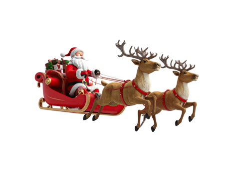 Santa Claus figurine riding in a red Christmas sleigh pulled by two reindeer.