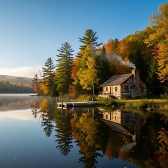 Obraz premium A peaceful log cabin sits by a still lake, surrounded by vibrant fall foliage, reflecting serenity in the calm water.