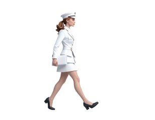 Elegant woman in a white captain uniform walking in profile view.
