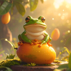 Contemplative Frog on Mango: A charming, vibrant frog, sits serenely atop a ripe mango, bathed in the soft glow of sunlight, evokes a sense of peace and natural wonder.