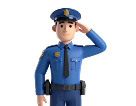 3D render of a cartoon policeman saluting on a white background.