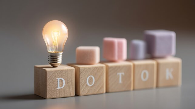 Glowing lightbulb sits on wooden blocks spelling DOTOK, surrounded by pastel cubes, creating minimalist and conceptual scene