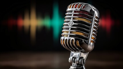 Vintage style chrome microphone with retro feel stands against blurred colorful soundwave background, evoking sense of nostalgia and classic audio charm