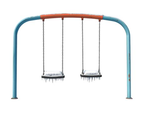 Modern double swing set with blue and orange frame isolated on a white background.