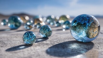 Transparent glass spheres with a beautiful blue reflection on a rough surface