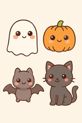 Kawaii ghost, pumpkin, bat, cat
