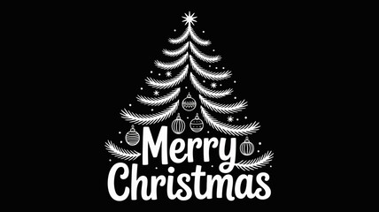 Merry christmas stylized lettering with a decorated pine tree and ornaments