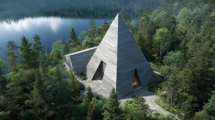 A unique pyramid-shaped building surrounded by a tranquil forest and a serene lake, showcasing a harmonious blend of architecture and nature.