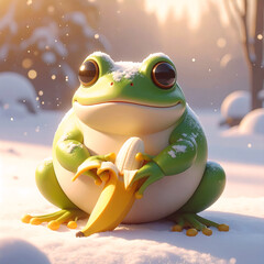 Frog enjoying Banana in Snow: A vibrant green frog, with a dusting of snow, sits contentedly in a winter wonderland, holding a banana, creating a whimsical blend of nature and delight.