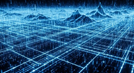 A complex network of glowing lines and points forms a digital landscape, showcasing intricate patterns of data flow and connections.